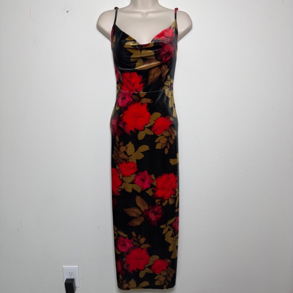 Taylor Women Whimsigoth Dress 4 Black Red Velvet Floral Cowl Midi Bodycon Slit